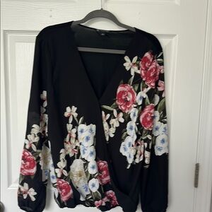 INC International Concepts Black Floral  wrap Blouse